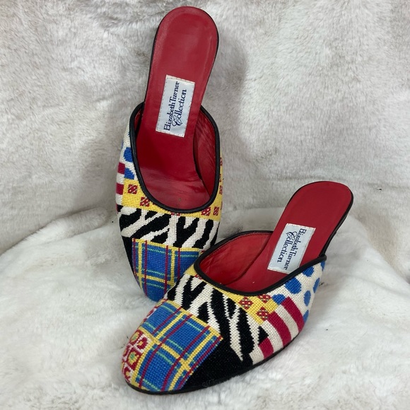 Elizabeth Turner Shoes - Elizabeth Turner needlepoint collection retro animal print mules kitten heel
